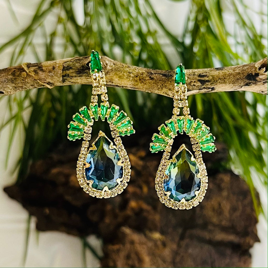 Gold Drop Down Colourful Crystal Earrings