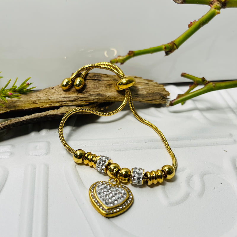 Gold Heart Charm Bracelet With Clear Cubic Zirconias