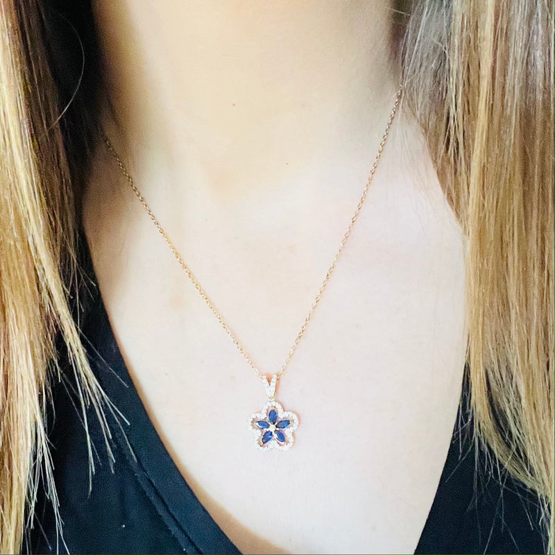 Gold Blue & Clear Crystal Flower Necklace
