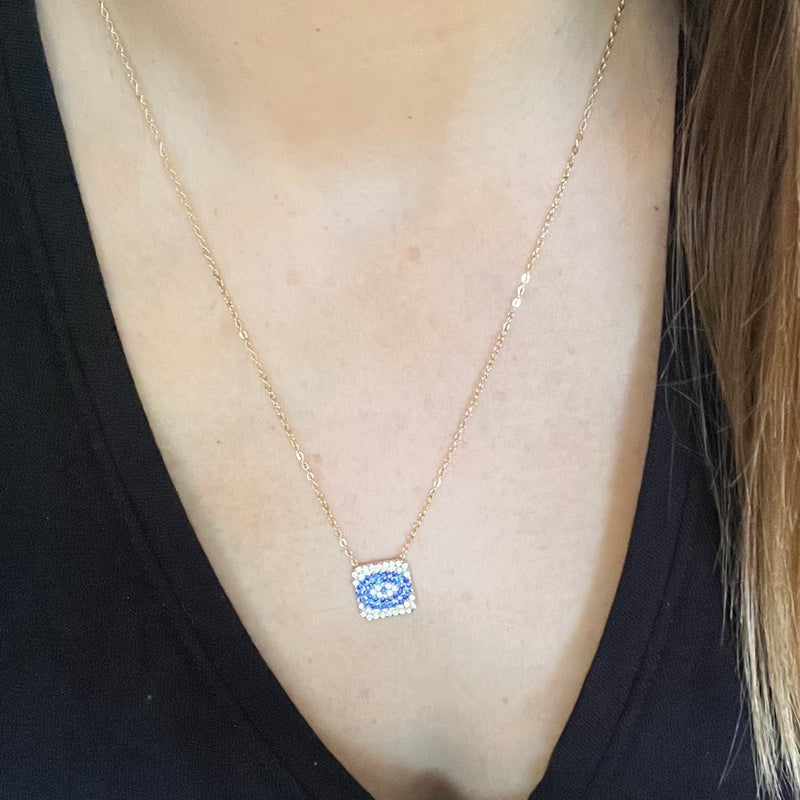 Gold Blue & Clear Crystal Eye Necklace