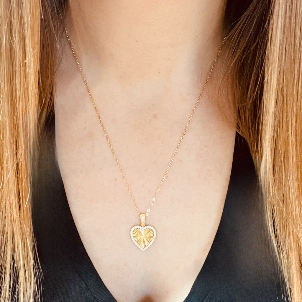 Gold Heart Patterned Clear Crystal Necklace