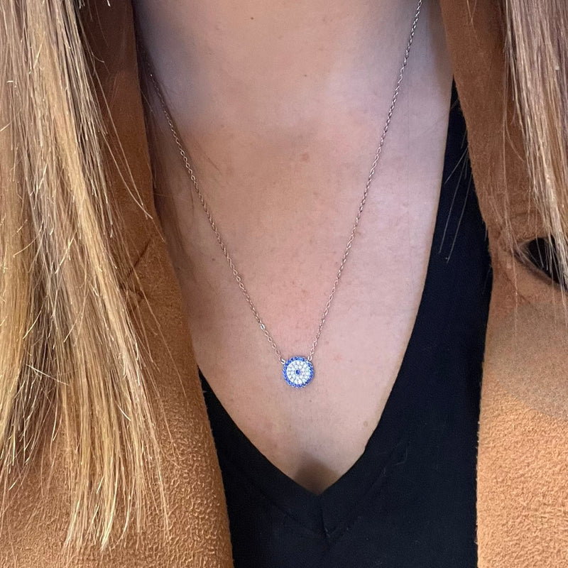 Silver Round Blue & Clear Crystal Necklace