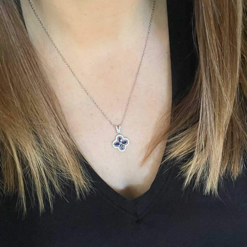 Silver Blue & Clear Crystal Flower Necklace