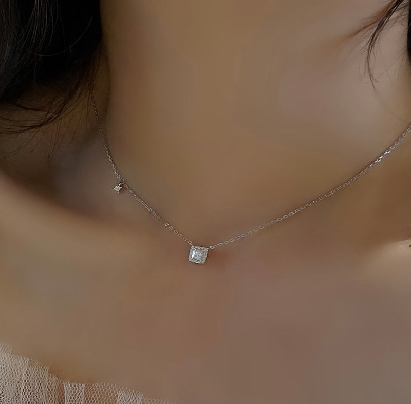 Sterling Silver Square Cubic Zirconia Pendant Necklace