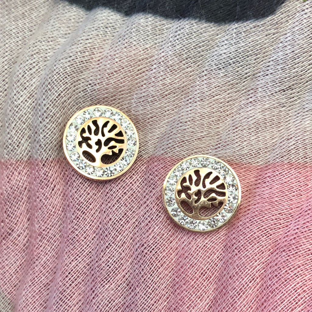 Cubic Zirconia Rose Gold Plated Stainless Steel Tree of Life Stud Earrings