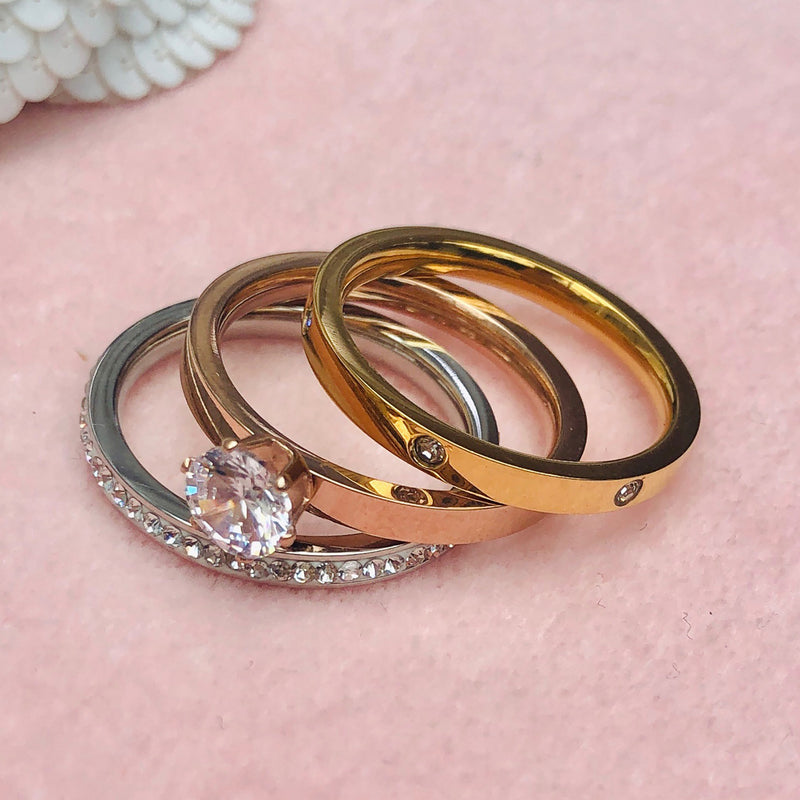 Stainless Steel & Gold Plated diamante Ring Trio