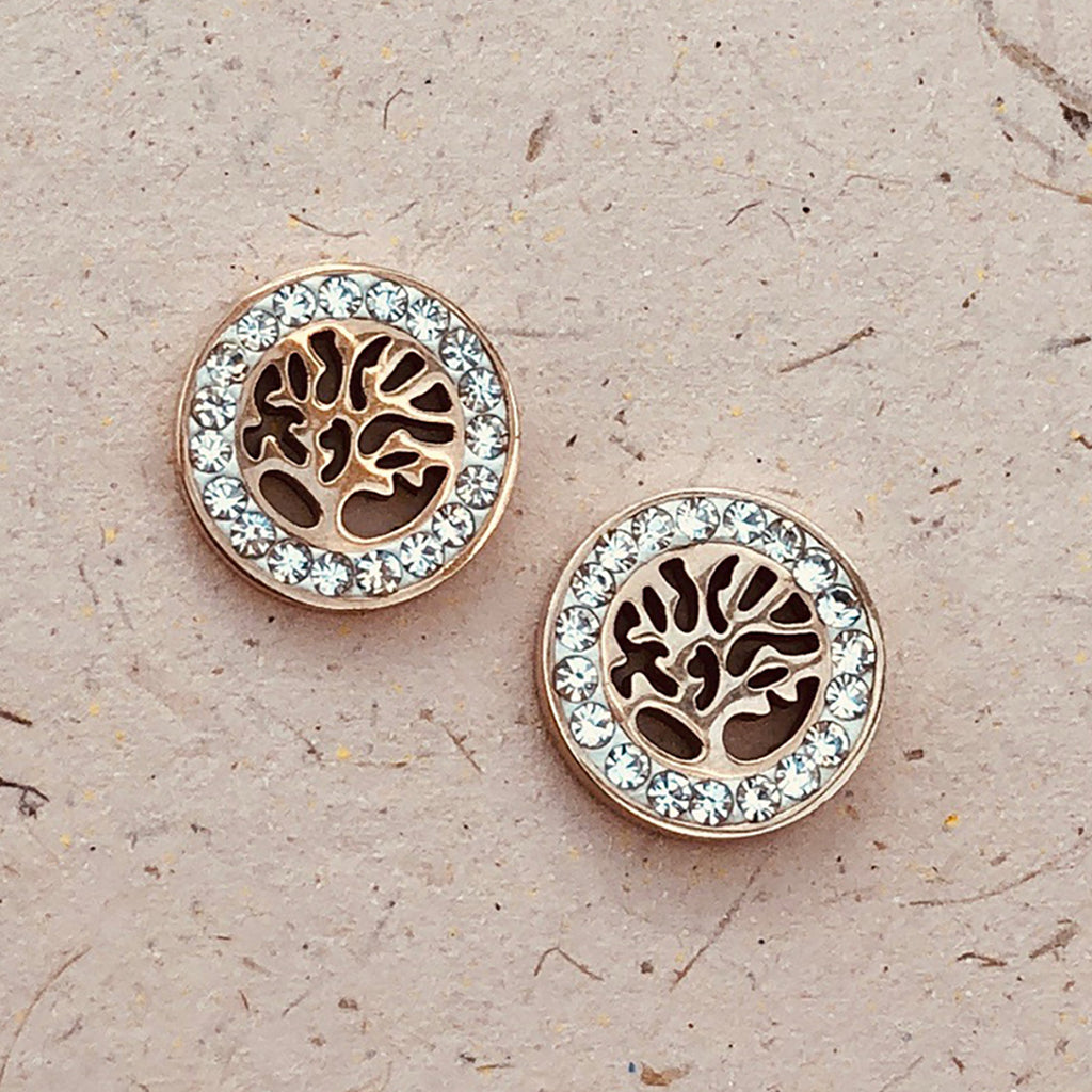 Cubic Zirconia Rose Gold Plated Stainless Steel Tree of Life Stud Earrings