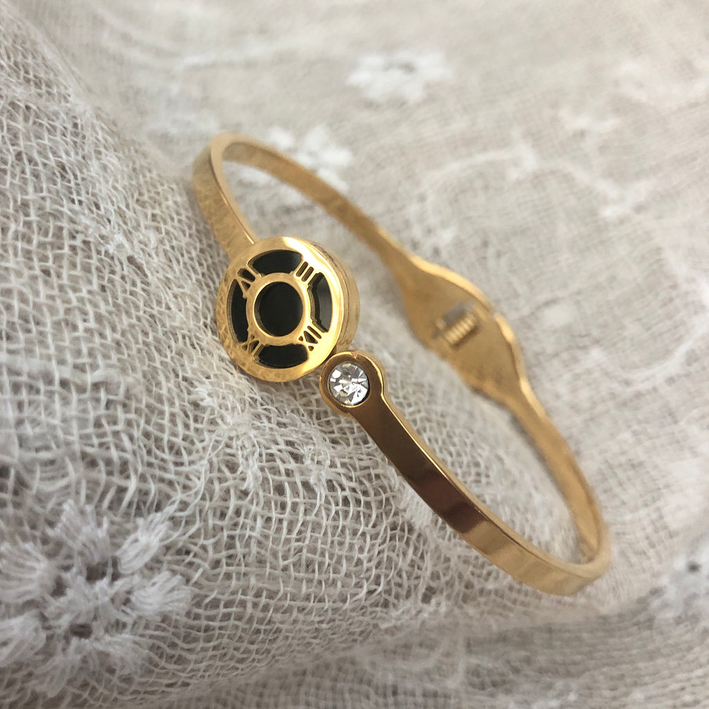 Gold Plated Bangle with Roman Numeral & Cubic Zirconia