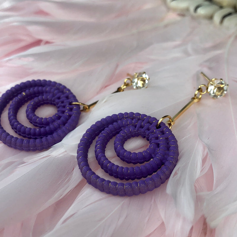 Purple Coil Drop Gold Plated Earrings with Cubic Zirconia Studs.