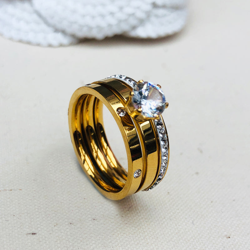 Stainless Steel & Gold Plated Diamantè Ring Trio