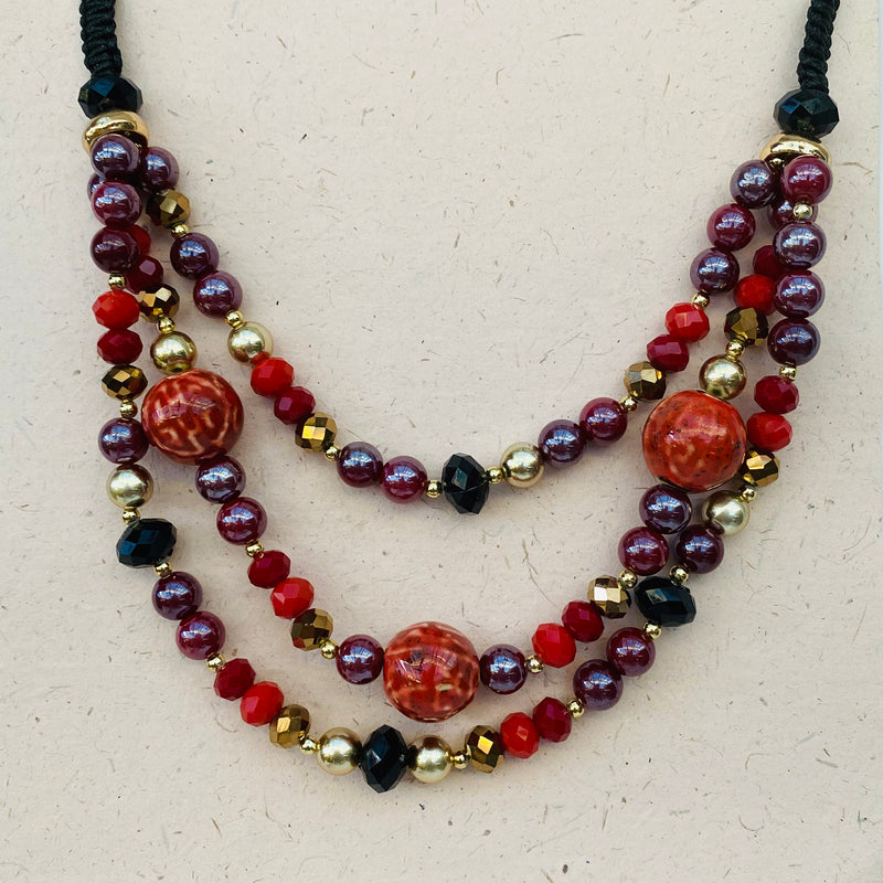 Red & Gold Beaded Triple Layered Necklace