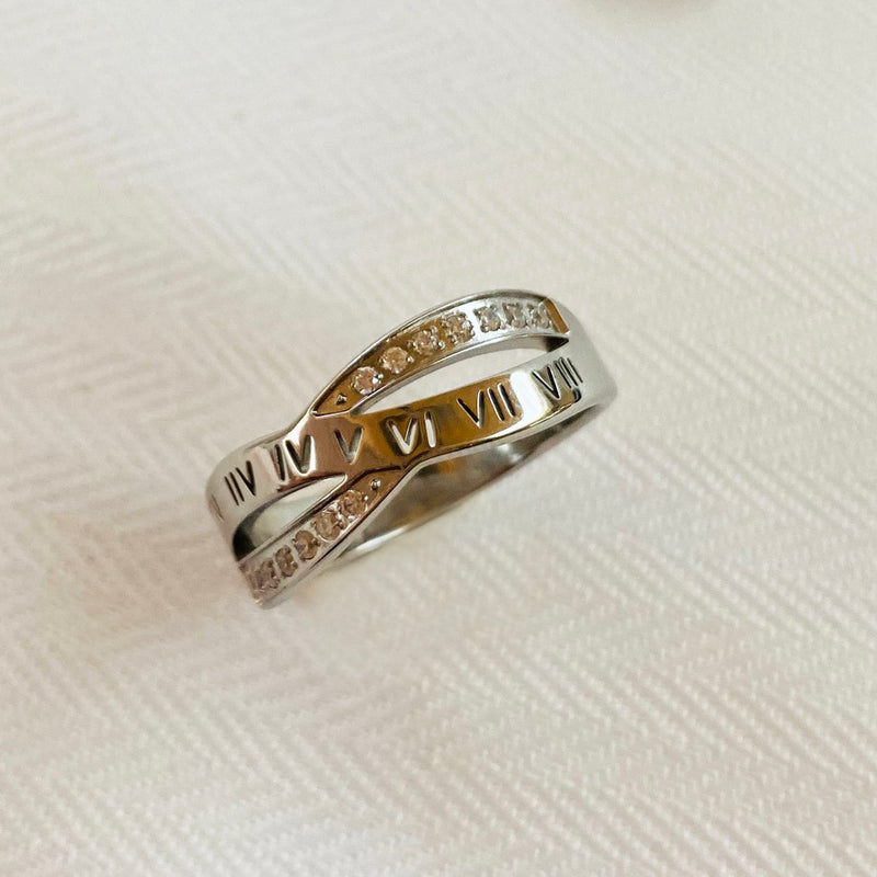 Stainless Steel Roman Numeral Cross Over Ring