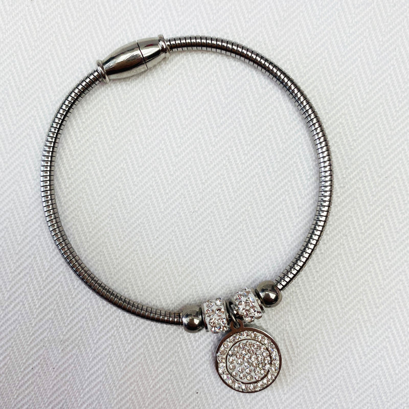 Stainless Steel Silver Bangle with Crystal Charm