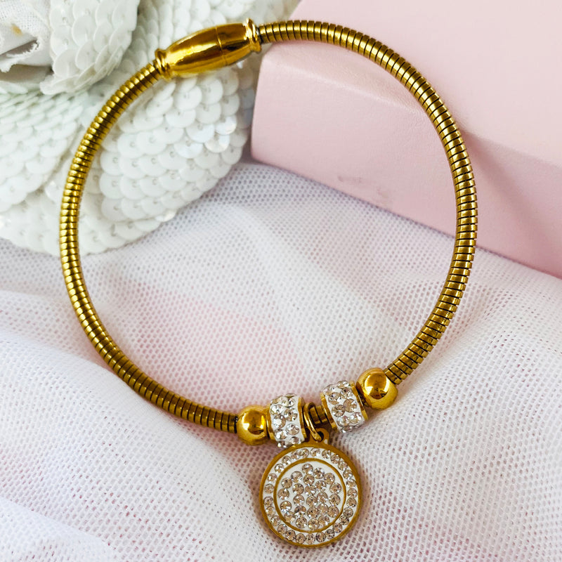 Stainless Steel Gold Bangle with Crystal Charm