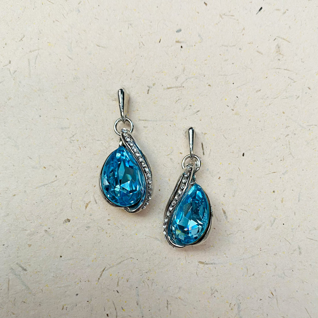 Platinum Plated Aquamarine Crystal Earrings