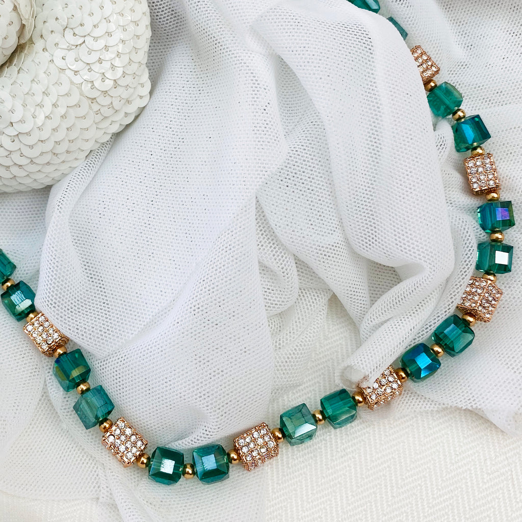 Platinum Plated Rose Gold & Teal Crystal Necklace