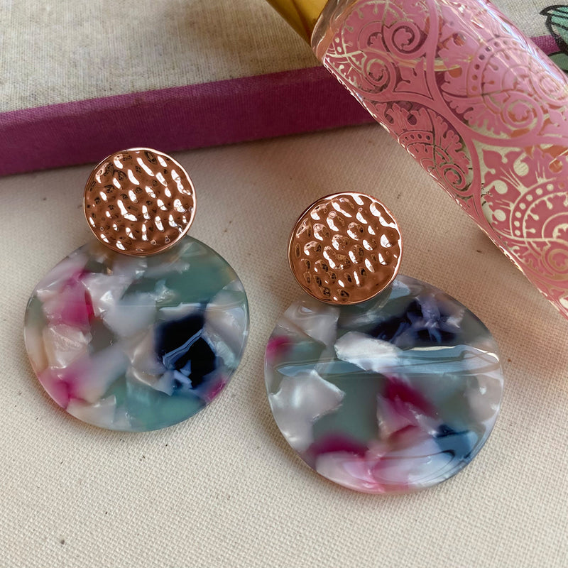 Stainless Steel Rose Gold Plated Pink/Grey/White Tortoiseshell Drop Earrings
