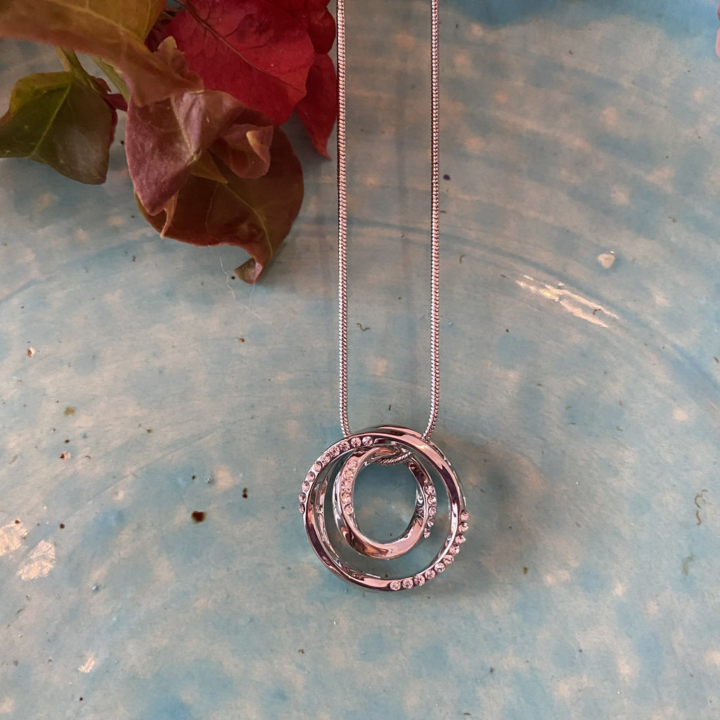 Platinum Plated Silver Circle Necklace with Tiny Crystals