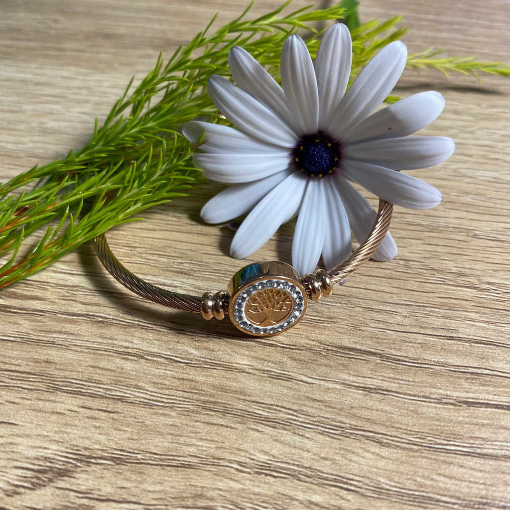 Rose Gold Stainless Steel Bangle Featuring Tree Of Life