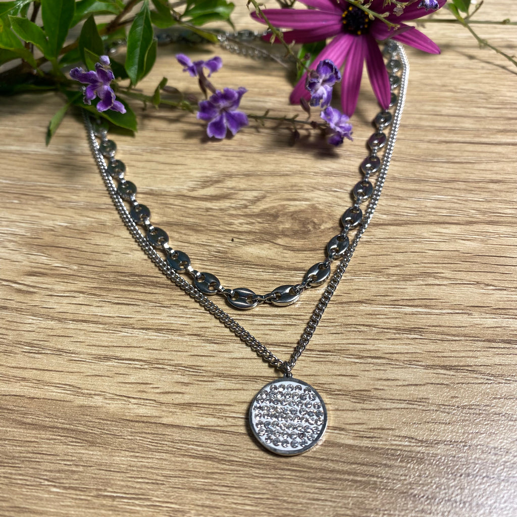Silver Stainless Steel Double Chain Disc Necklace