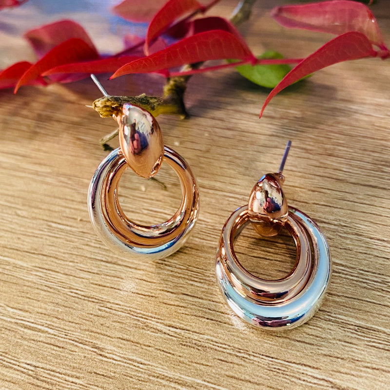 Rose Gold & Silver Oval Shaped Drop Earrings