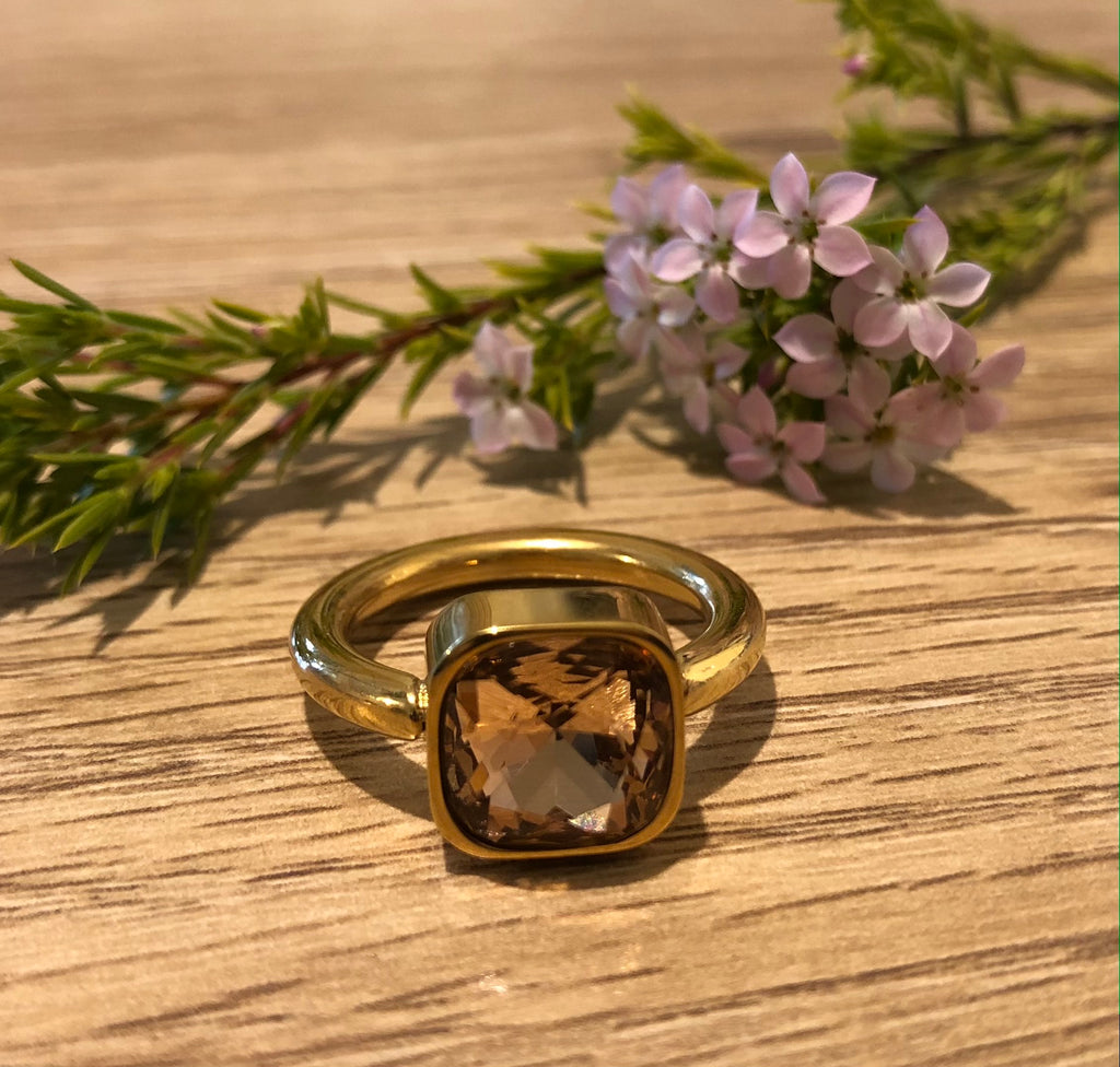 Gold Stainless Steel & Champagne Crystal Ring
