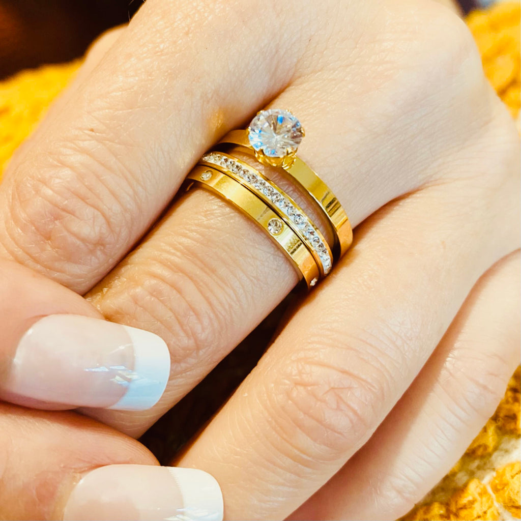 Stainless Steel & Gold Plated Diamantè Ring Trio