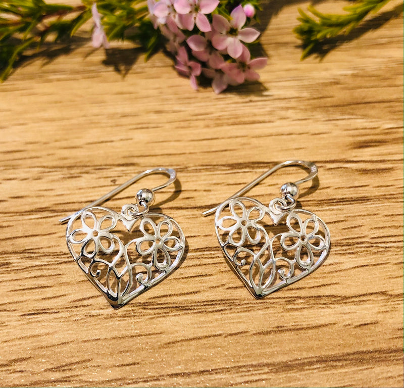 Sterling Silver filigree Heart Earrings
