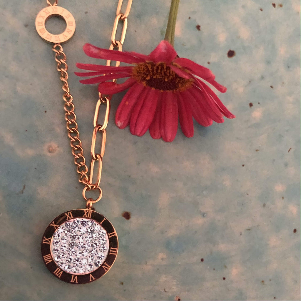 Stainless Steel Rose Gold Link / Diamante Pendant Necklace