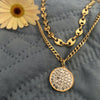 Gold Stainless Steel Double Chain Disc Pendant with Cubic Zirconia Crystals