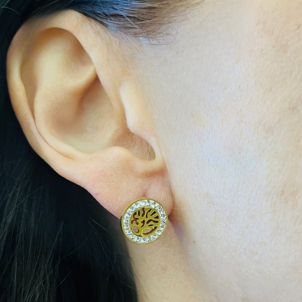Cubic Zirconia Gold Plated Stainless Steel Tree of Life Stud Earrings