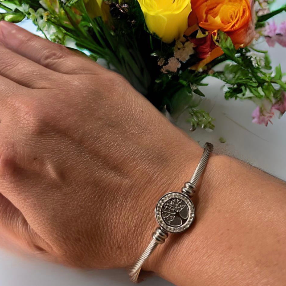 Silver Stainless Steel Bangle Featuring Tree Of Life