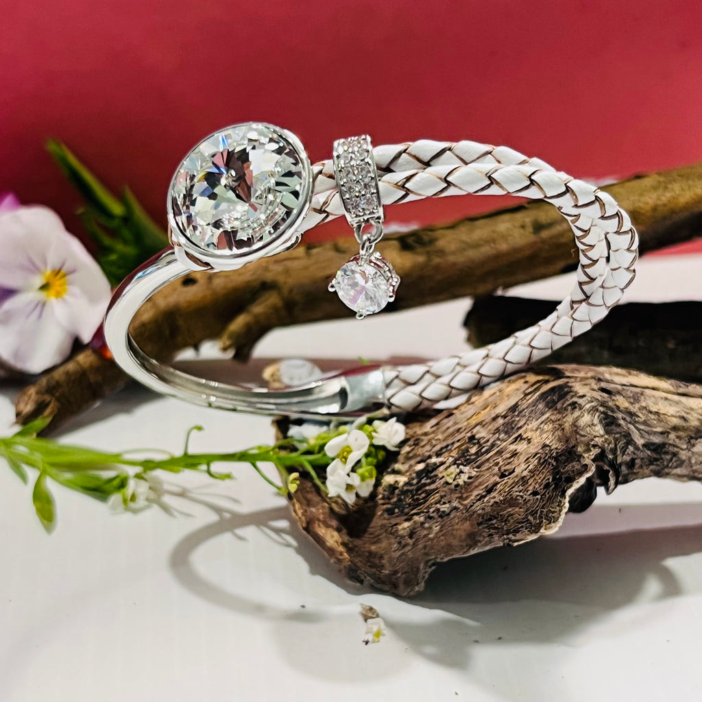 Silver & White Bangle Adorned With Genuine Swarovski Crystals