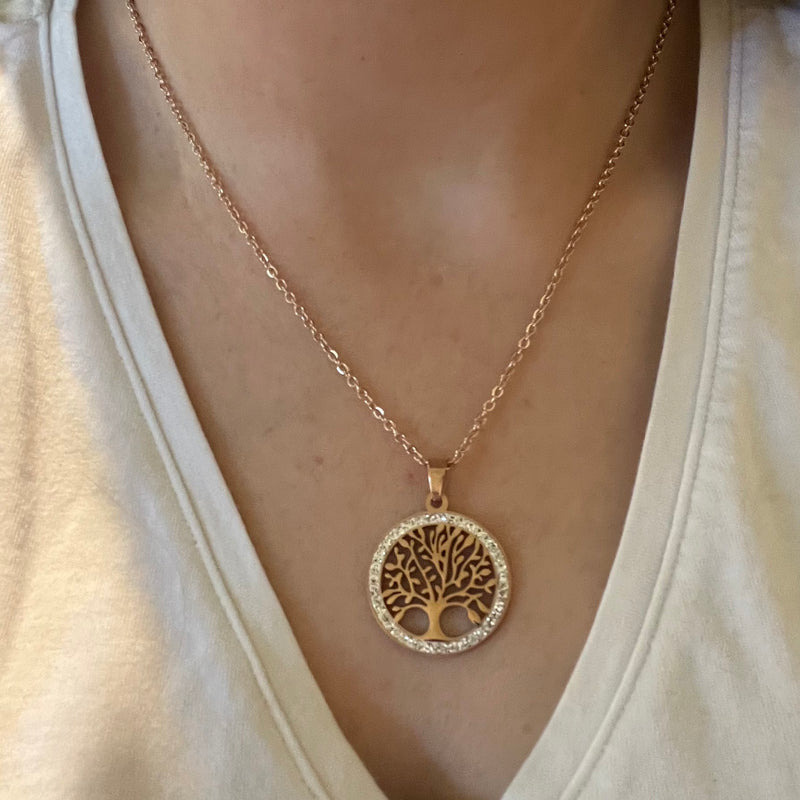 Cubic Zirconia Rose Gold Plated Stainless Steel Tree of Life Round Pendant