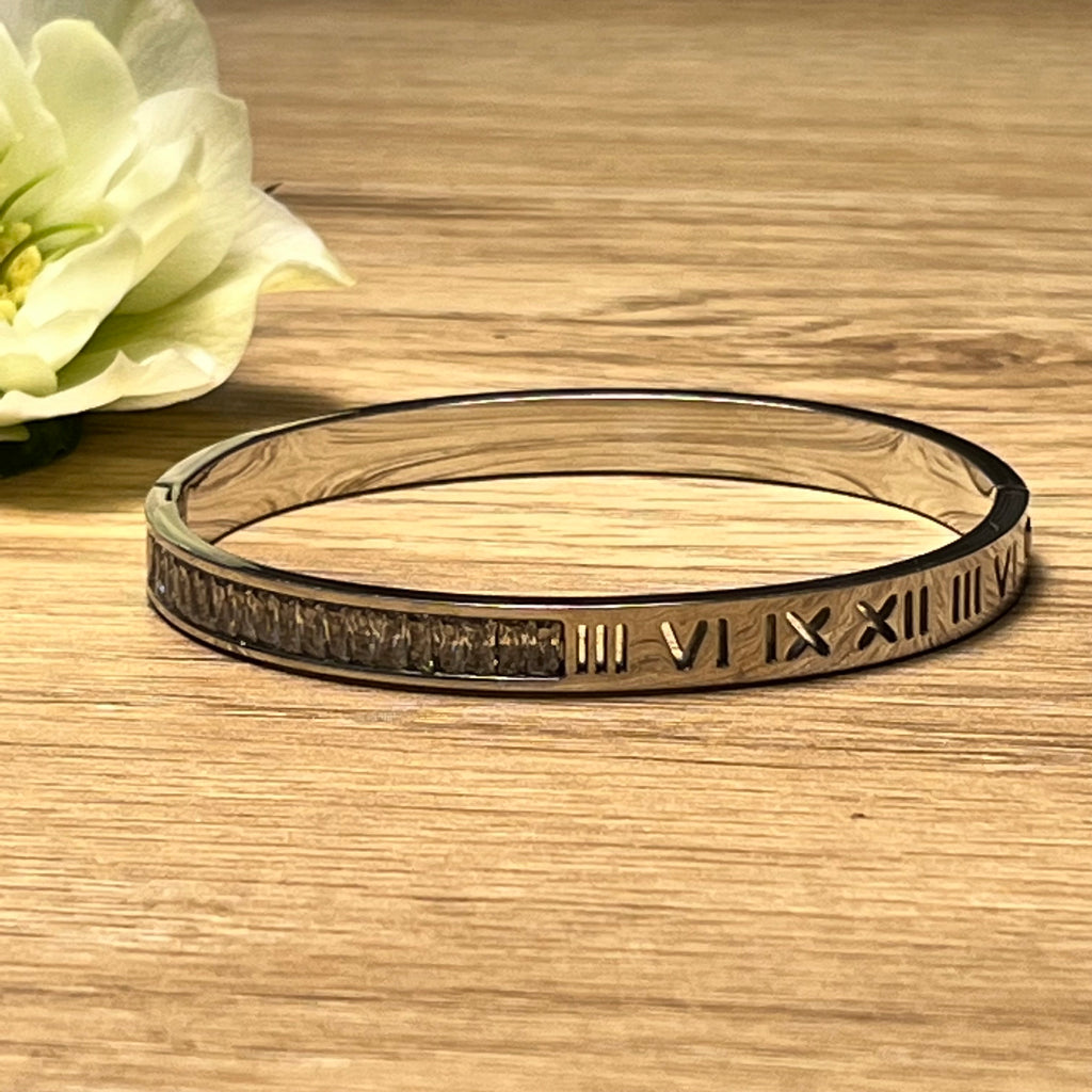 Silver Stainless Steel Roman Numeral & Cubic Zirconia Crystal Bangle