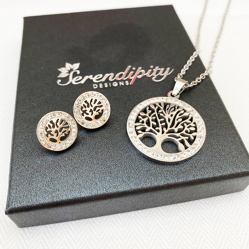 Cubic Zirconia Stainless Steel Tree of Life Set
