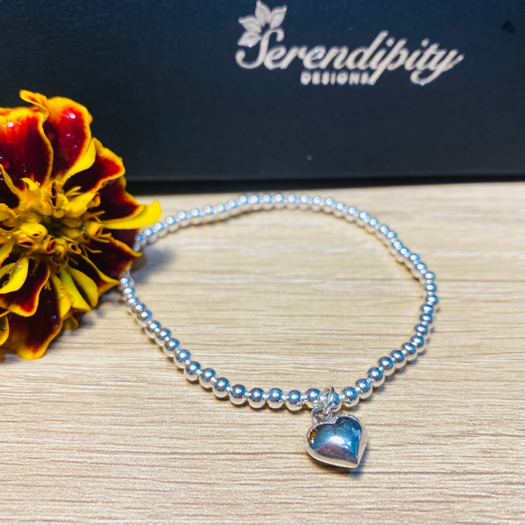 Sterling Silver Ball bracelet With Hanging Heart
