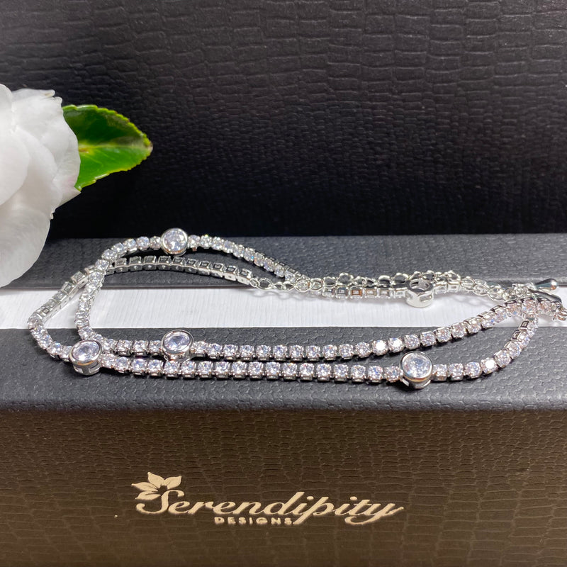 Silver Double Chain Bracelet/Necklace With Crystals